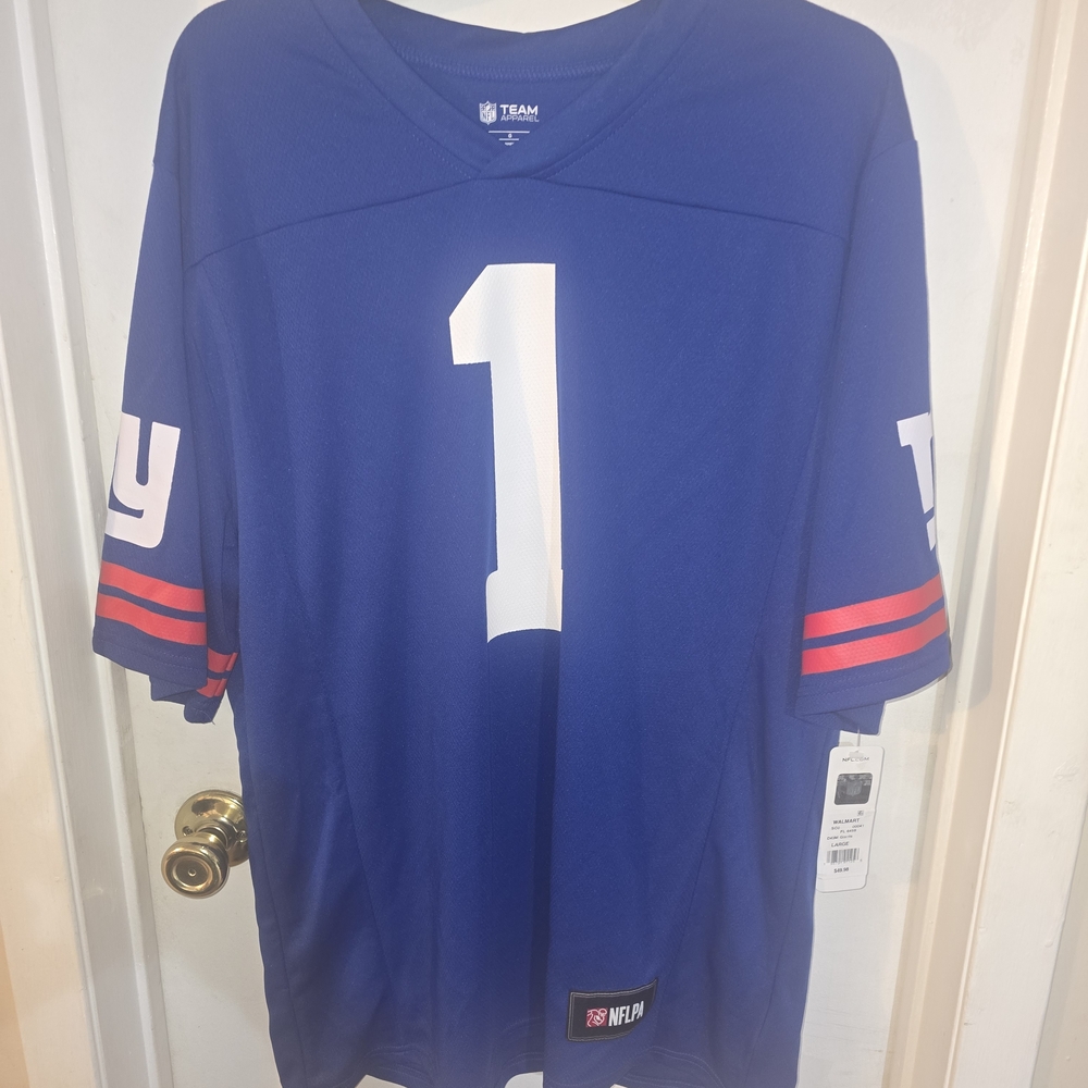 LPA Blue Football Jersey with White Number and Red Stripe Accents
